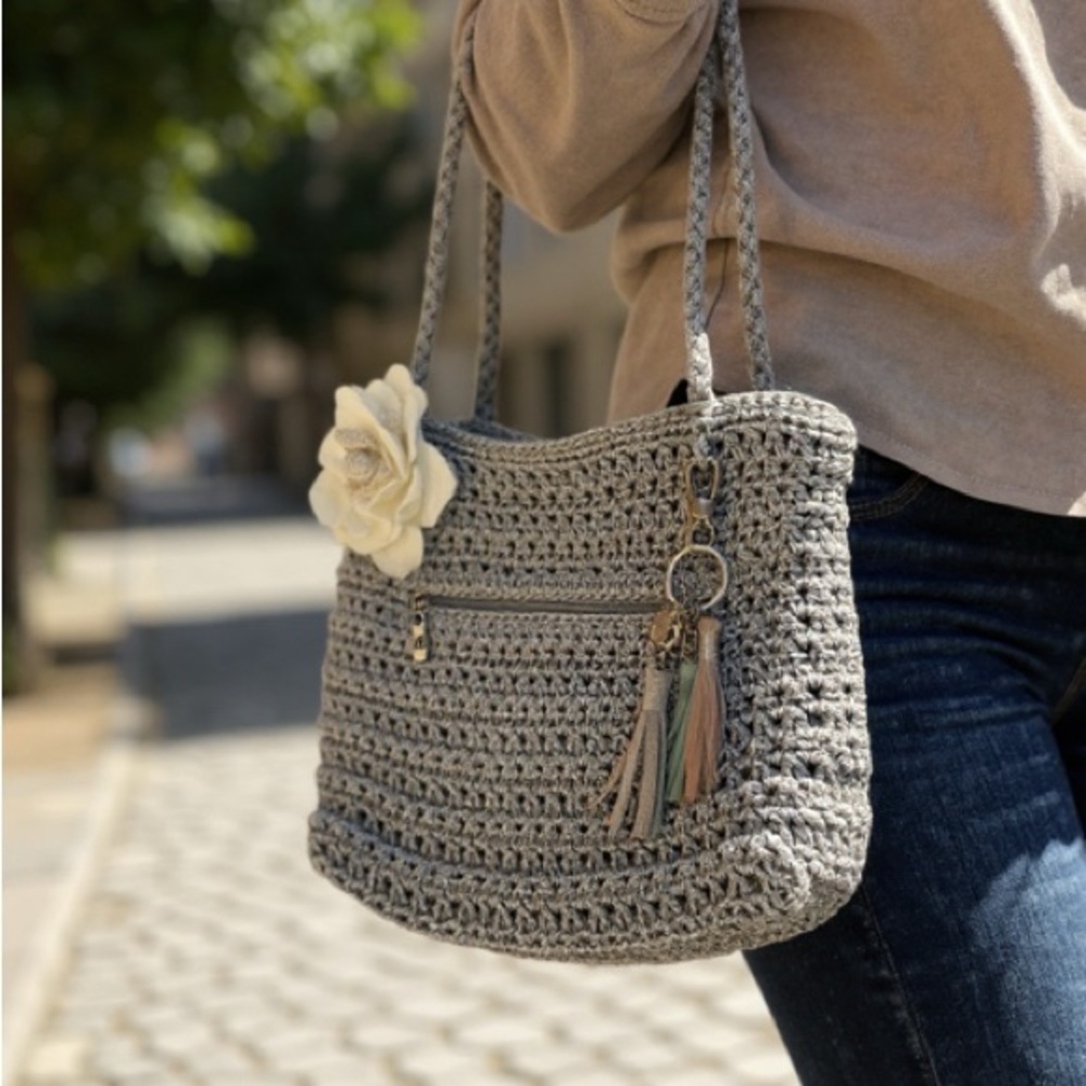 The Sak Boho Gray Crochet Handbag with flower